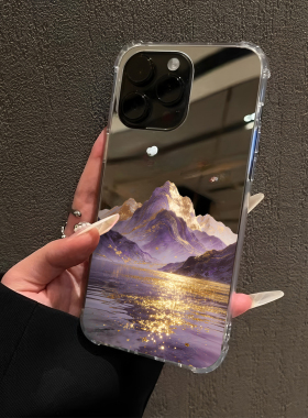 紫气金来流水生金适用iPhone17pro镜面16promax日照金山15Pro苹果14手机壳xsmax补妆13创意12简约7/8plus招财