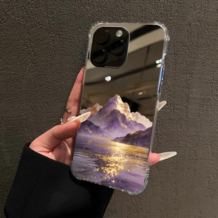 紫气金来流水生金适用iPhone17pro镜面16promax日照金山15Pro苹果14手机壳xsmax补妆13创意12简约7/8plus招财