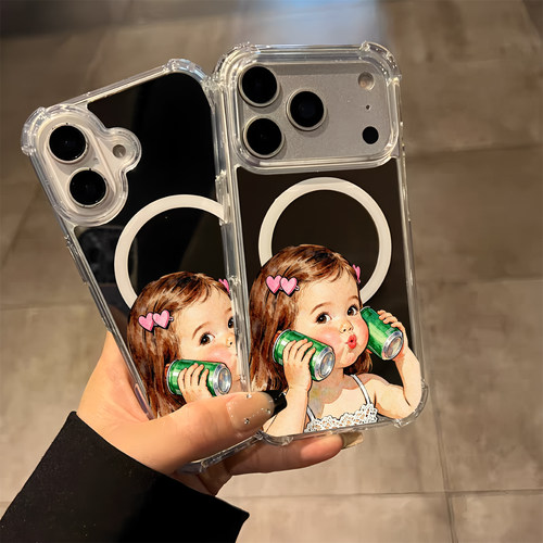 欧美风可爱小女孩头像适用iPhone17pro镜面16promax少女15Pro苹果14手机壳xsmax补妆13萌宠12恶搞7/8plus磁吸