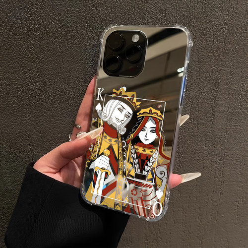 创意扑克老K皮蛋Q适用iPhone17pro镜面15promax简约14Pro苹果16手机壳xsmax补妆13情侣78plus卡通12镜子xr/6p