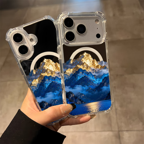 蓝金能量流水生金适用iPhone17pro镜面16promax招财15Pro苹果14手机壳xsmax补妆13墨蓝金山12情侣7/8plus磁吸