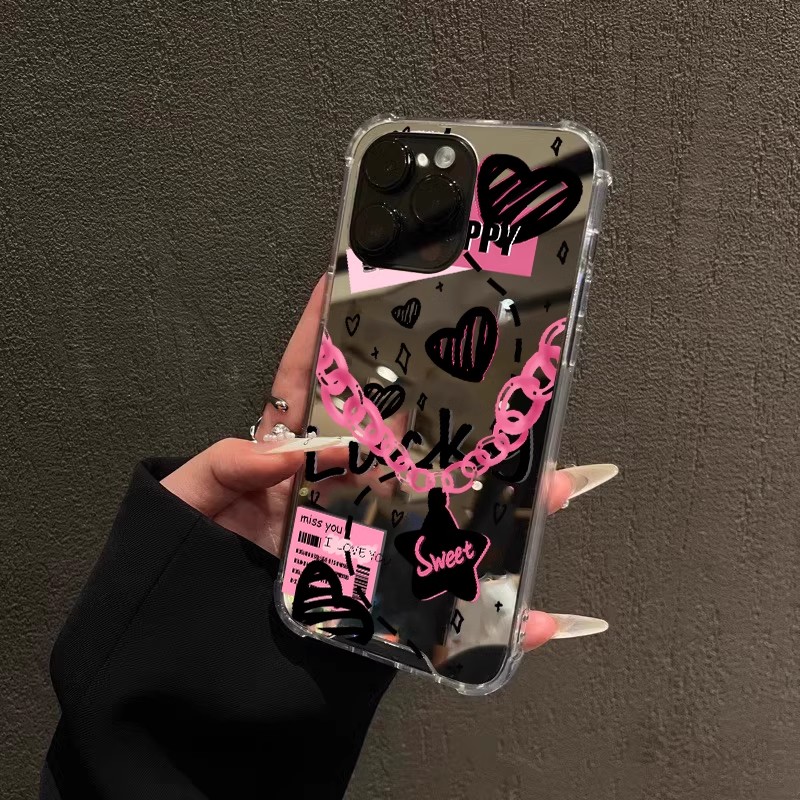 甜辣风适用iphone15华为pura70苹果13手机壳opporeno8镜面vivox90红米note9爱心nova7se涂鸦mate60一加9r英文