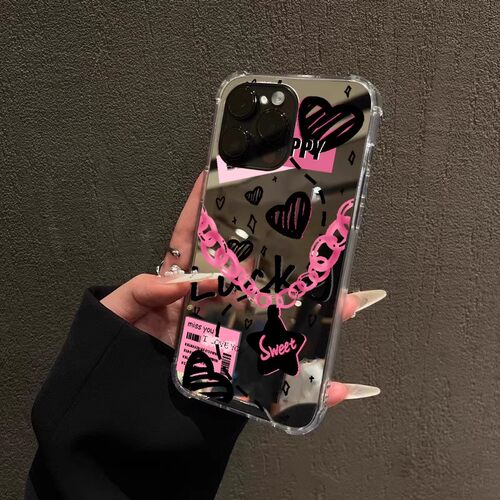 甜辣风适用iphone15华为pura70苹果13手机壳opporeno8镜面vivox90红米note9爱心nova7se涂鸦mate60一加9r英文