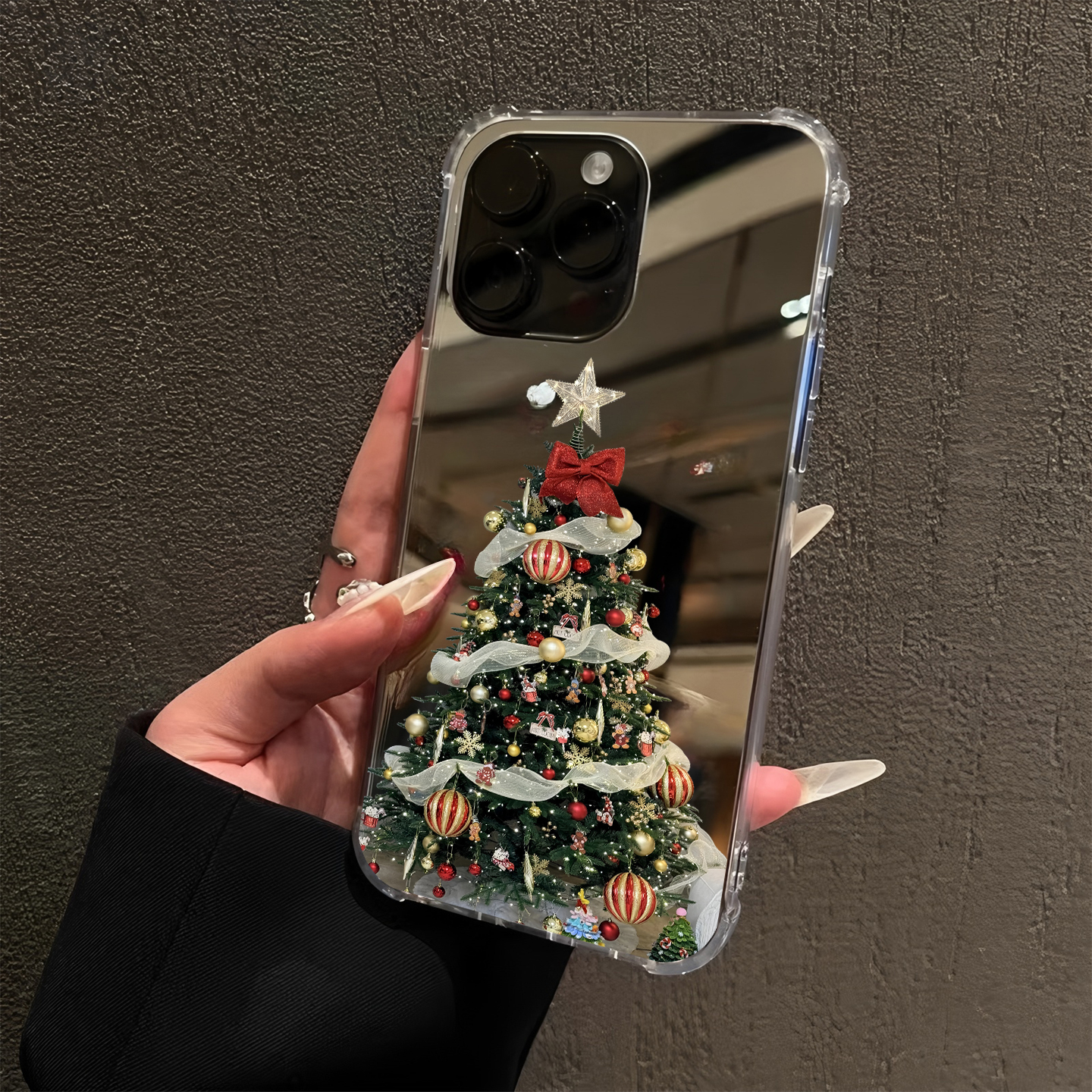 秋冬圣诞树适用iPhone17pro镜面16promax简约15Pro苹果14手机壳xsmax补妆13创意12公仔xr蝴蝶结78plus星星6软