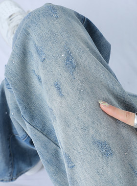 高腰阔腿直筒牛仔裤女带钻春秋季薄款烫钻垂感拖地长裤子水洗渐变