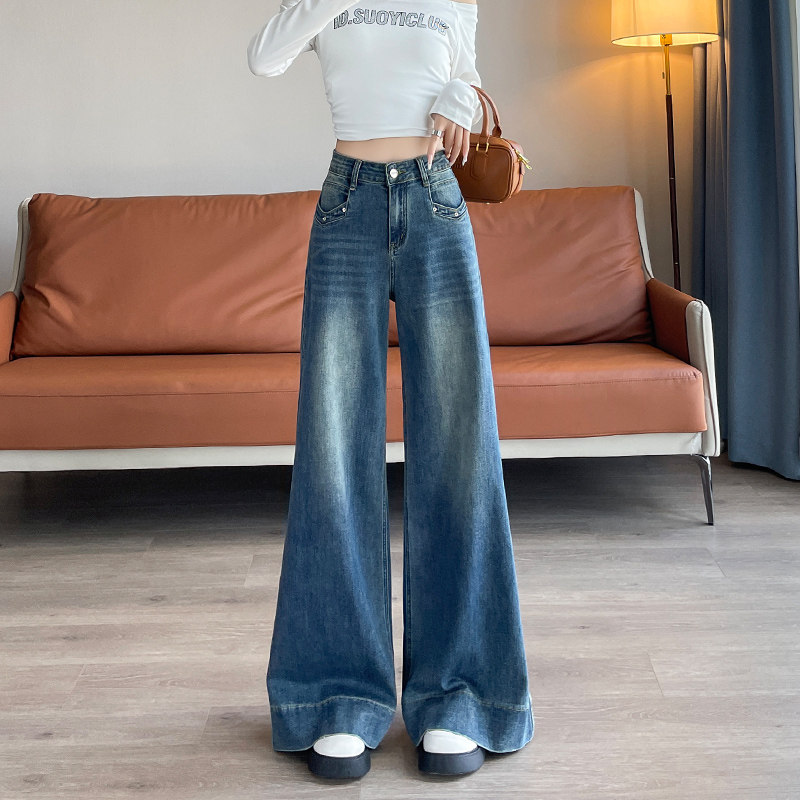 复古蓝阔腿牛仔裤女长裤春秋季新款高腰宽松弹力遮腿大喇叭拖地裤,女装/女士精品,牛仔裤,淘宝优惠券,粉丝福利购,淘宝优惠卷