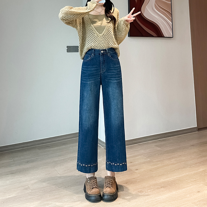 刺绣直筒牛仔裤女九分