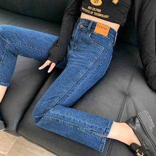 小个子烟管裤子女高腰开叉显瘦牛仔小直筒九分裤春秋季窄版八分裤