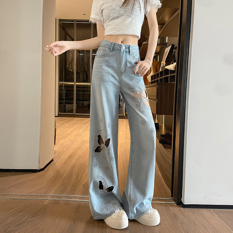 镂空蝴蝶刺绣烫钻阔腿牛仔裤女天丝长裤夏季浅蓝薄款垂感拖地裤子