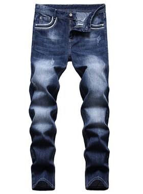 跨境供应2020蓝色裤男欧美外贸亚马逊直筒水洗磨白时男裤牛仔裤