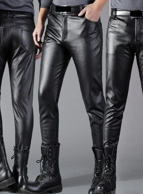 Men Pants Skinny PU Trousers Motorcycle Stretch Streetwear