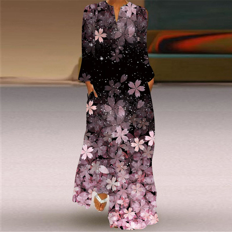 夏季欧美风时尚新款速卖通性感V领长袖印花长裙 宽松长款连衣裙女