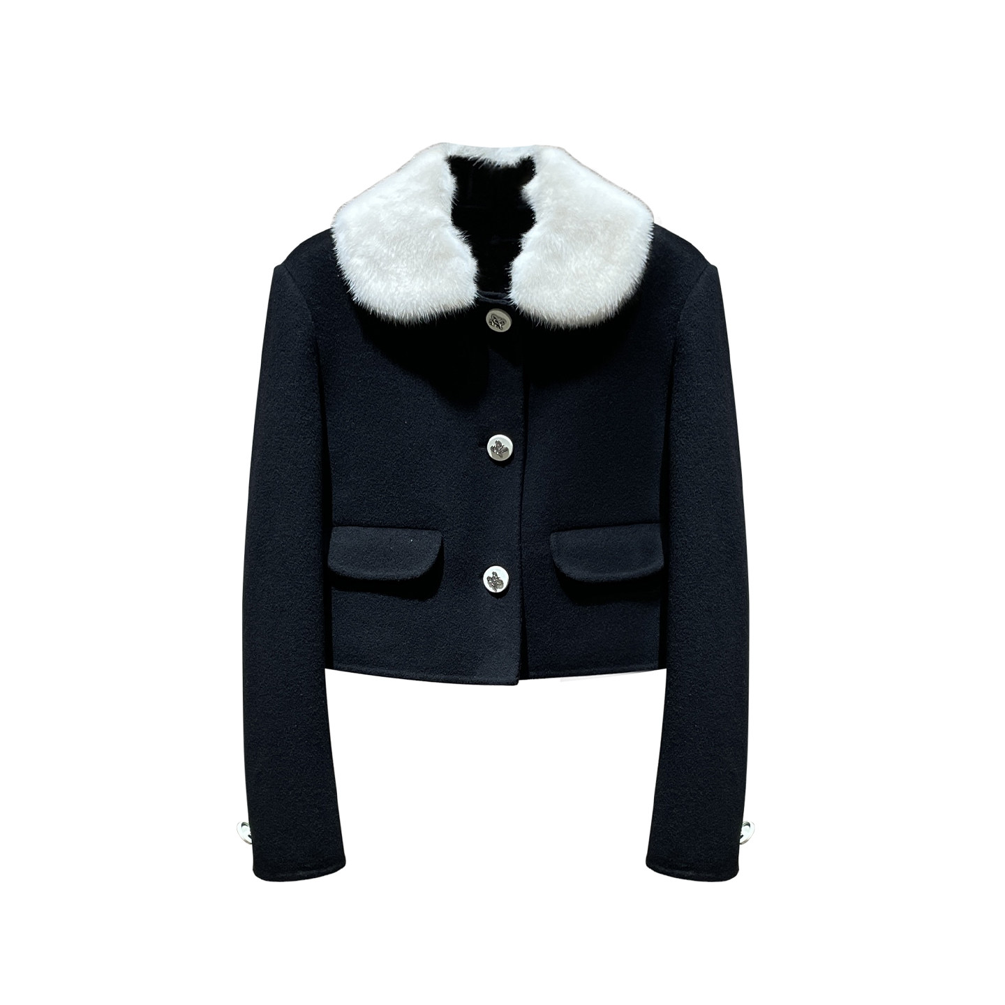 thumbnail for Expensive mink fur collar reversible tweed jacket ~ three-dimensional cut to show thin temperament short coat wool wool top