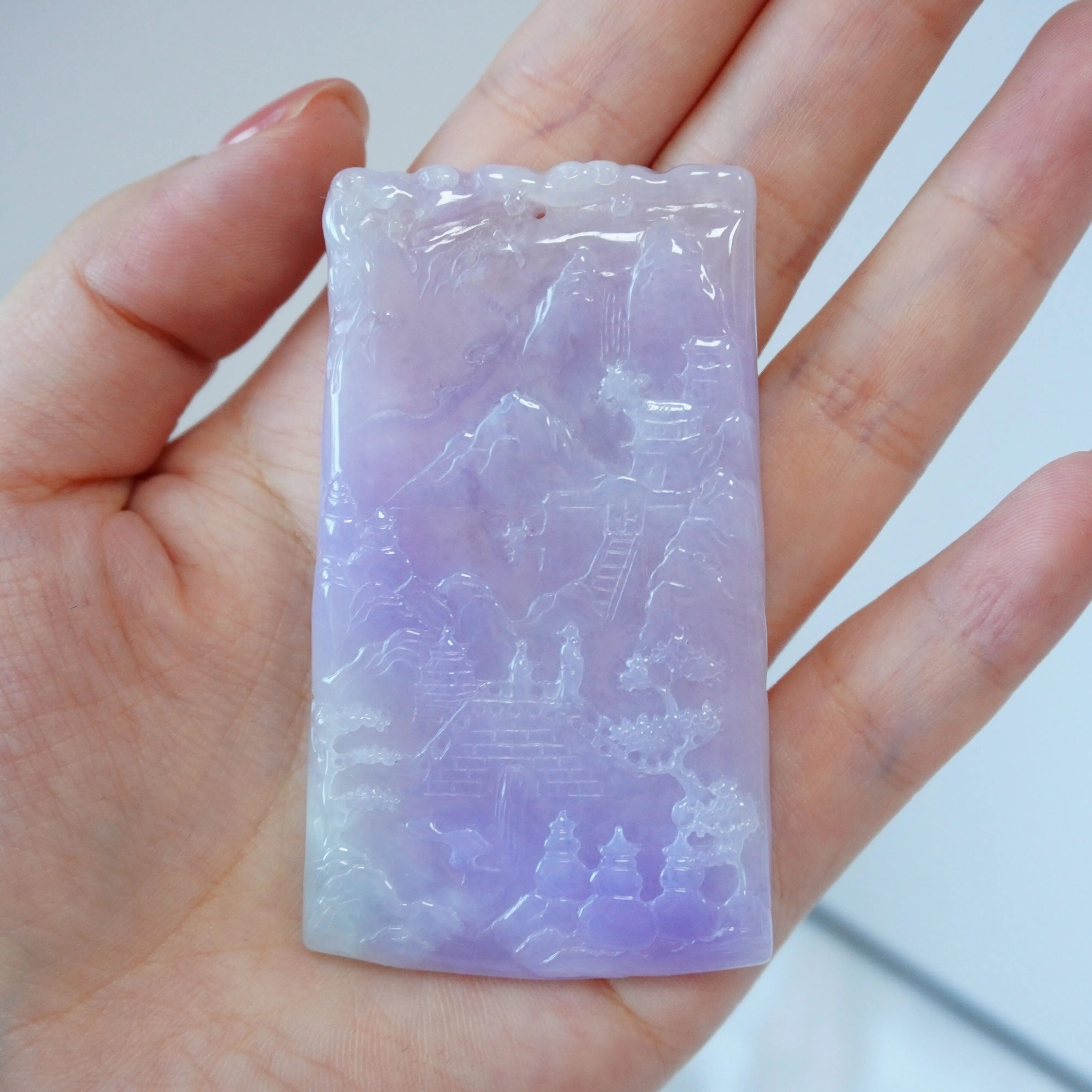 匠心雕琢a货翡翠紫罗兰山水牌挂件玉坠男女款缅甸玉佩【1272】