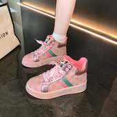 板鞋 拼色彩虹刺绣猫咪厚底百搭款 外贸大码 欧洲站满钻高帮2025新款