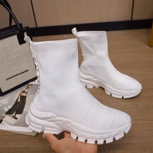 弹力袜子鞋女中筒百搭休闲运动鞋飞织高帮袜靴短靴2025新款韩版潮
