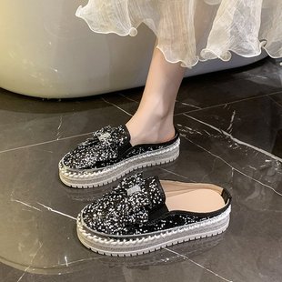 包头半拖鞋女外穿春季新款厚底一脚蹬懒人鞋蝴蝶结亮片时尚单鞋