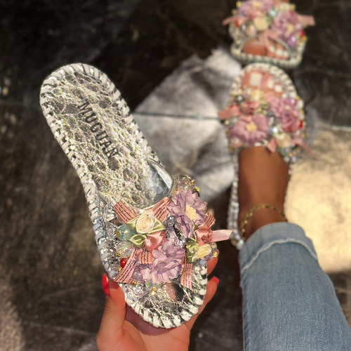 夏季平底串珠花朵女一字拖