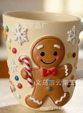出口新品陶瓷圣诞姜饼人马克杯立体浮雕造型咖啡杯手绘水杯