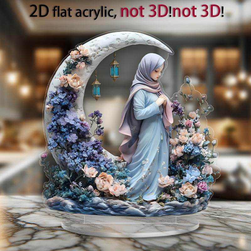 跨境情人节新月女士雕像高级2D亚克力桌面装饰花卉设计桌面摆件