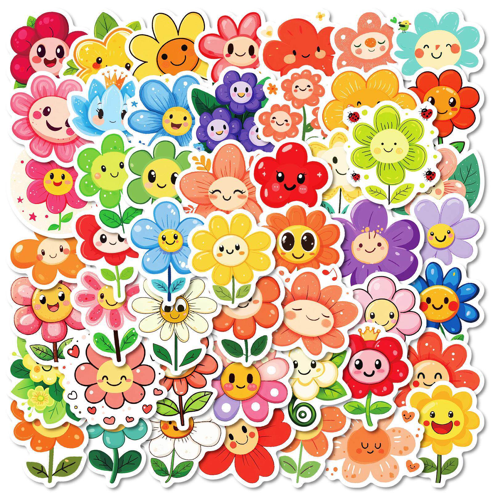 新款50张卡通七彩笑脸花朵涂鸦贴纸儿童奖励装饰贴纸跨境现货