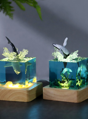 创意海洋手工艺品树脂鲸鱼座头鲸海豚巨齿鲨咖啡厅家居小夜灯摆件