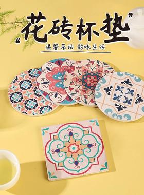 简约陶瓷杯垫防滑吸水杯垫茶道茶几吸水隔热防烫垫文创花砖软木垫