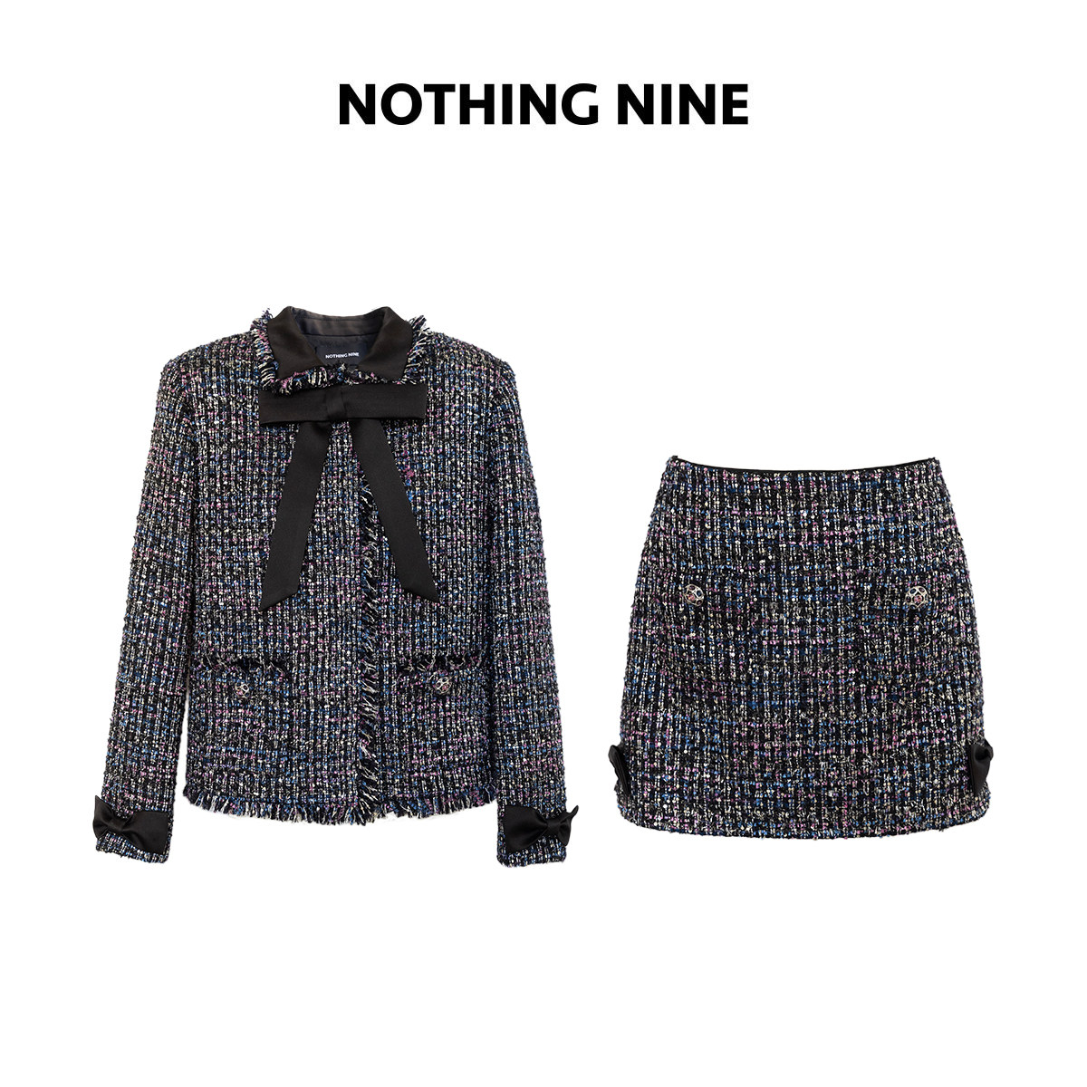 NOTHING NINE 银河岛屿韩国进口粗花呢套装流苏蝴蝶结外套/半裙