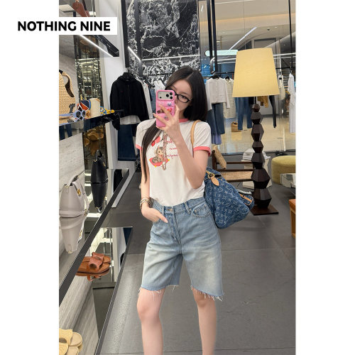 NOTHING NINE 浅岸风渡水洗毛边牛仔五分裤