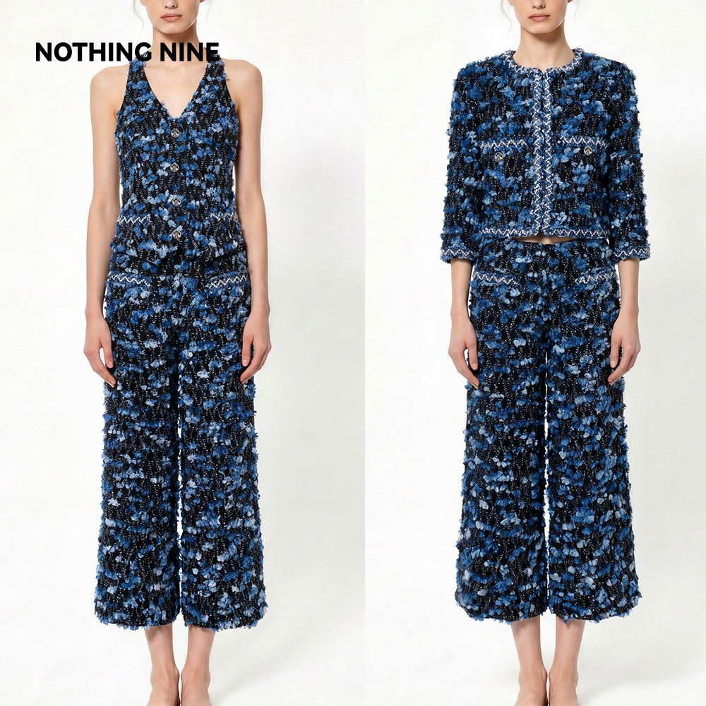 NOTHING NINE 玖絮蓝花粗花呢套装外套/背心/七分裤