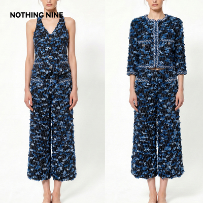 NOTHING NINE  玖絮蓝花粗花呢套装外套/背心/七分裤