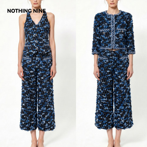 NOTHING NINE  玖絮蓝花粗花呢套装外套/背心/七分裤