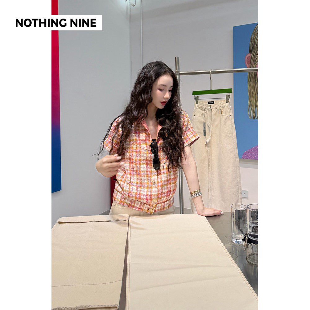 NOTHING NINE 橘光织夏金属扣粗花呢套装上衣/半裙