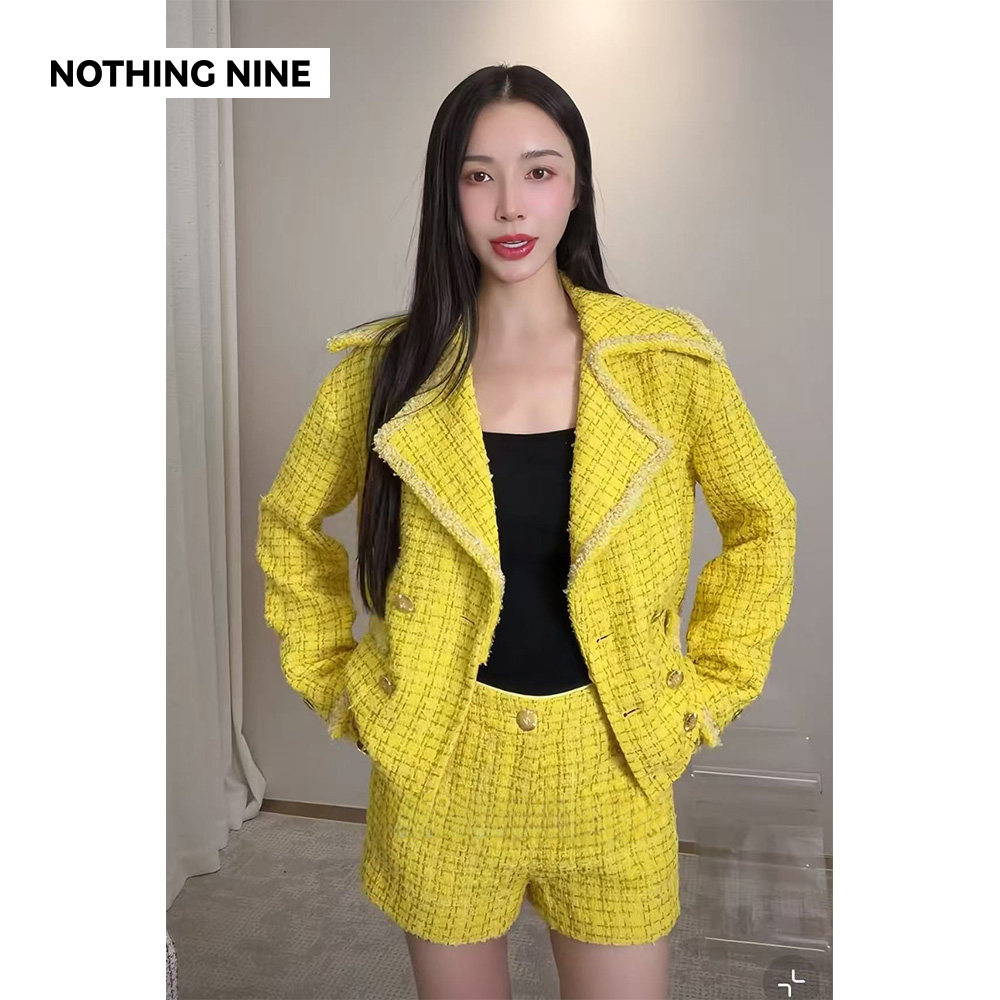 NOTHING NINE 赫拉剪影粗花呢双排扣外套/短裤