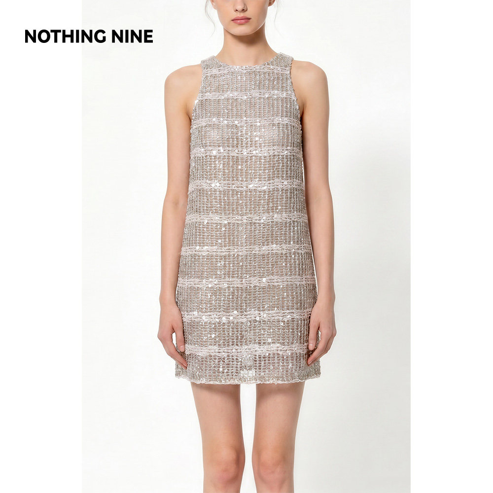 NOTHING NINE 金格星织 亮片粗花呢挂脖连衣裙