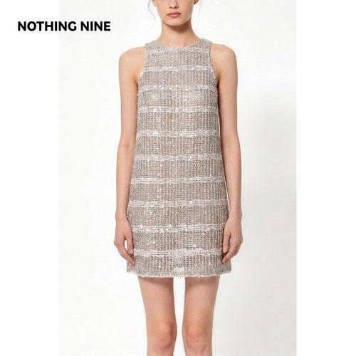NOTHING NINE 金格星织 亮片粗花呢挂脖连衣裙