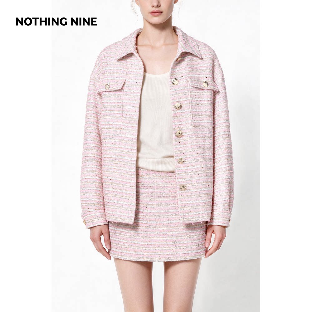 NOTHING NINE 桃雾金缕闪丝条纹花呢衬衫外套/半裙