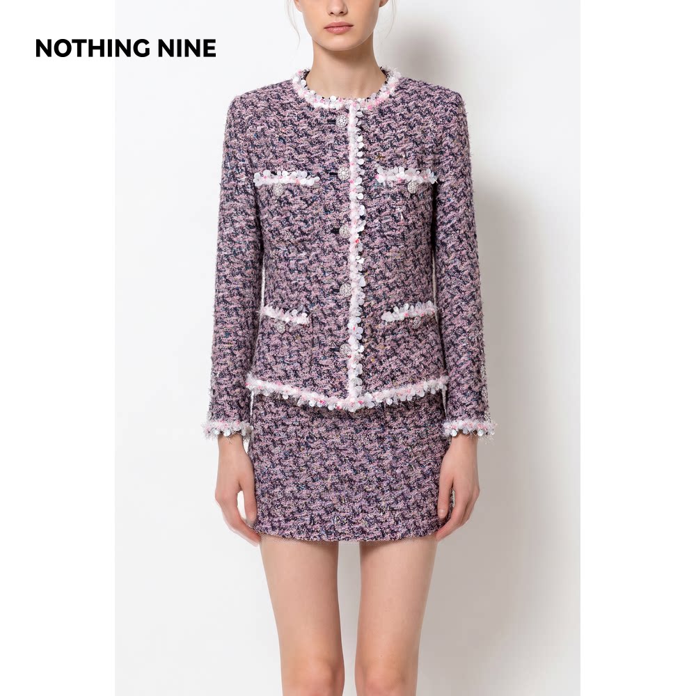 NOTHING NINE 烟紫金缨 毛须织带圆领粗花呢外套/半裙