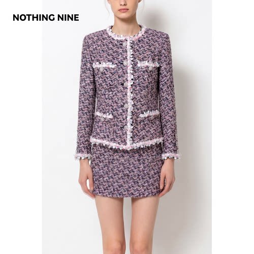 NOTHING NINE 烟紫金缨 毛须织带圆领粗花呢外套/半裙