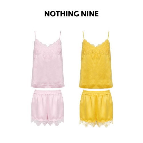 NOTHING NINE  半糖梦境缎光蕾丝拼接两件套 明黄色/樱花粉