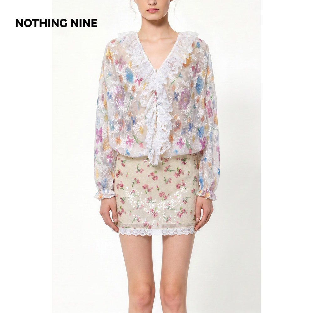 NOTHING NINE  花影琉璃蕾丝荷叶碎花套装上衣/半裙