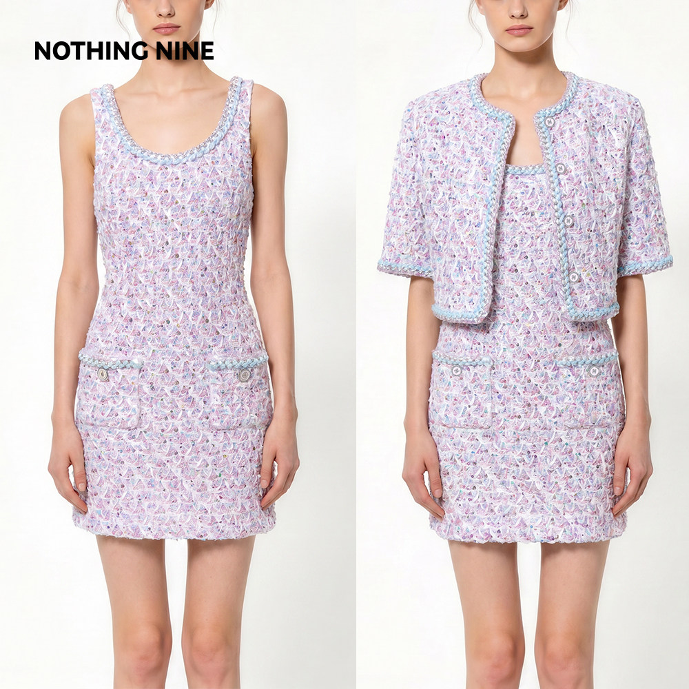 NOTHING NINE 粉雾琉棠粗花呢套装外套/连衣裙