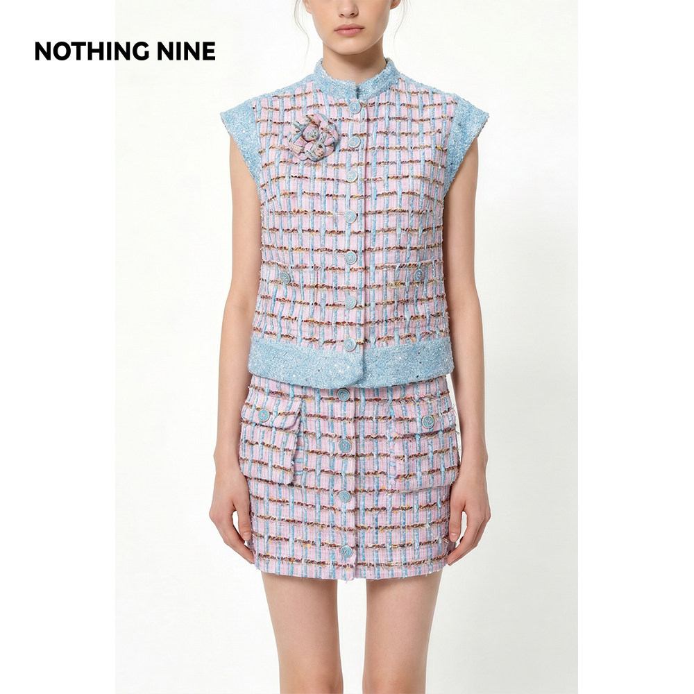 NOTHING NINE 碎彩星格粗花呢套装上衣/半裙