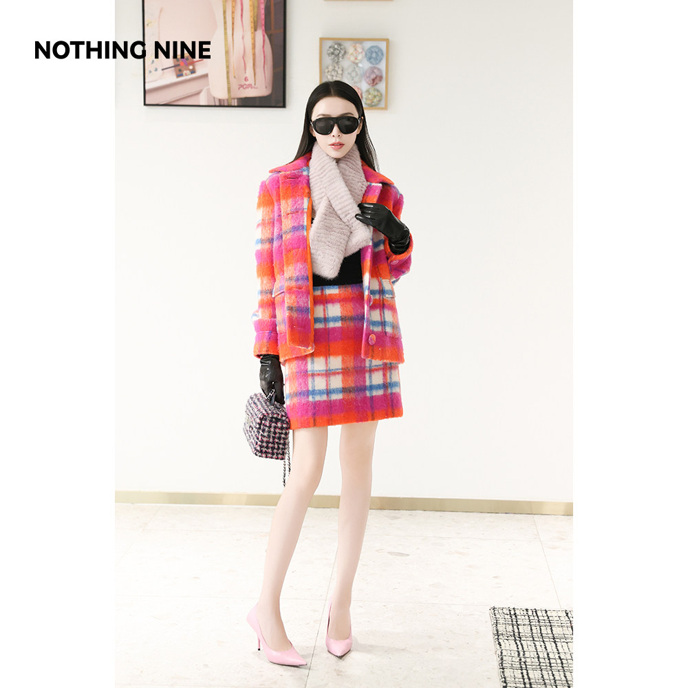 NOTHING NINE 果冻方格意大利毛呢外套/半裙