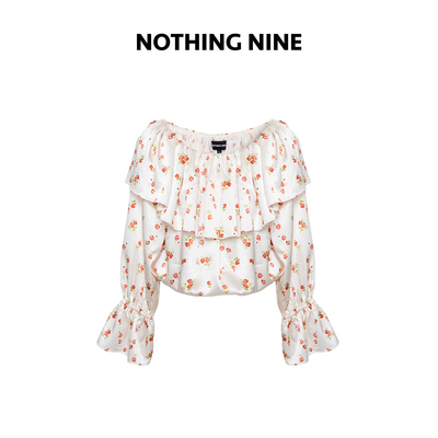 NOTHING NINE 白桃玫瑰荷叶边真丝上衣