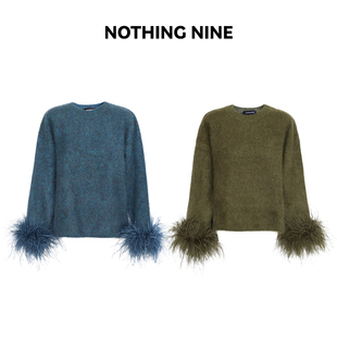 口鸵鸟毛 布勒多尔百分百绵羊毛圆领上衣袖 NOTHING NINE