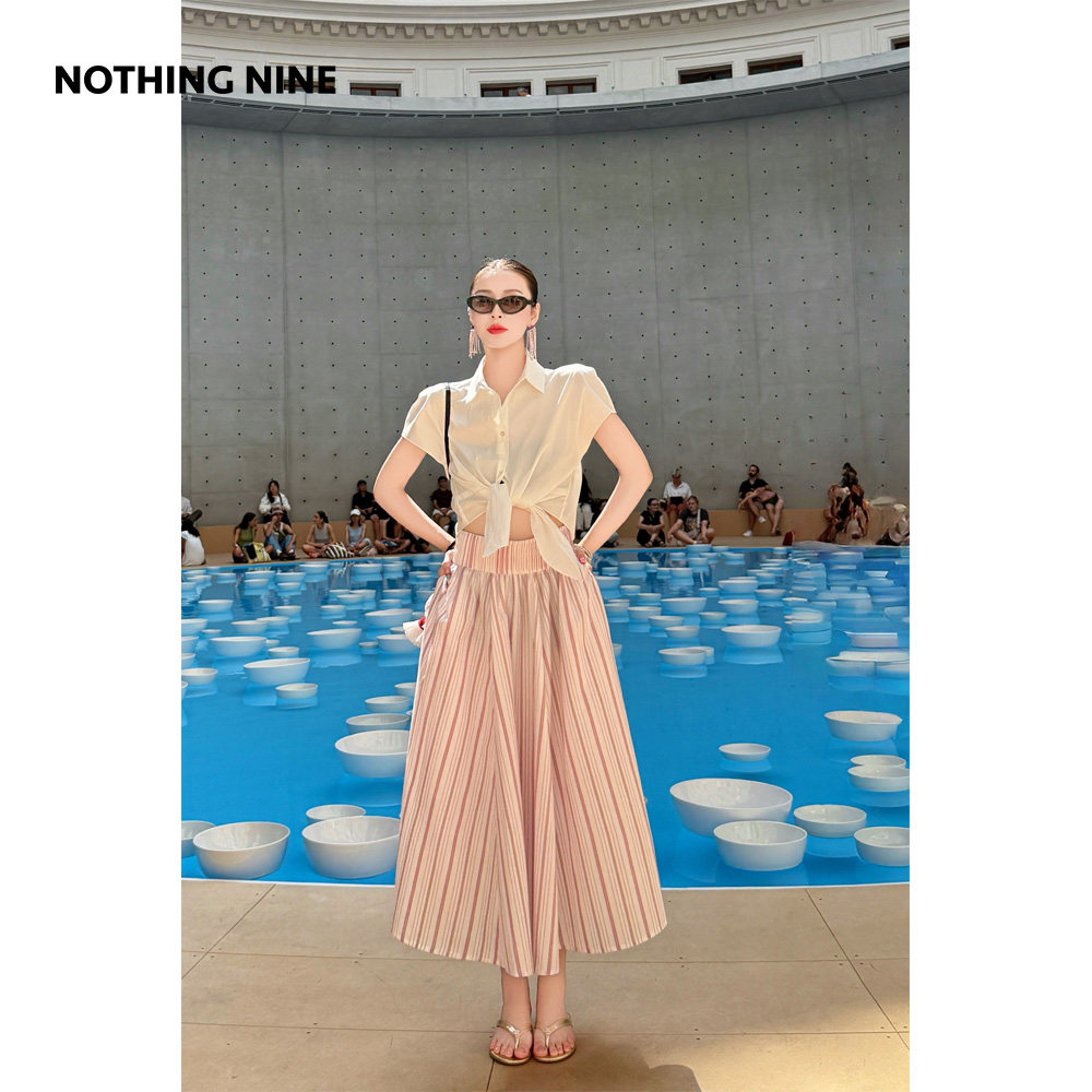 NOTHING NINE 樱井盛夏意大利进口面料极简无袖衬衫/条纹半身裙