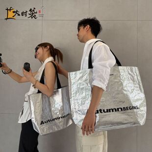 礼品袋大号超大60cm银色编织手提袋子时尚外出服装店大容量购物包