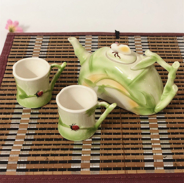 包邮珐琅瓷竹一壶二杯办公生日旅行套装茶具 茶壶结婚法兰瓷