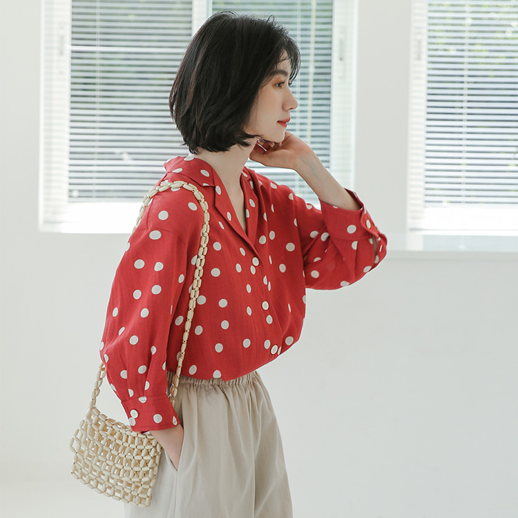 Real shot Red Polka Dot Shirt women's Long Sleeve Chiffon small New Retro Hong Kong style casual shirt